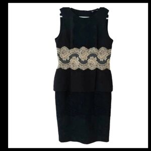 Dolce & Gabbana Peplum Lace Dress Size 12 | Black Beige Jacquard Cocktail